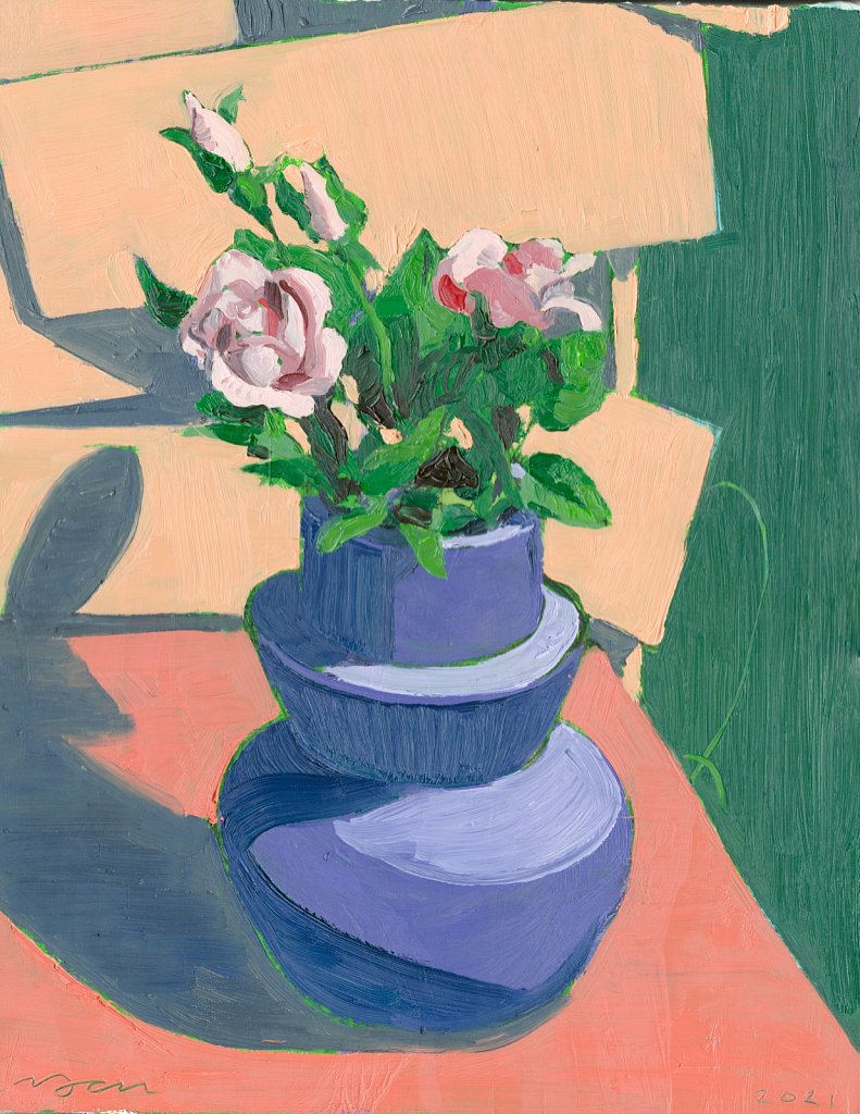 Pink Flowers in Purple Vase, 2021
